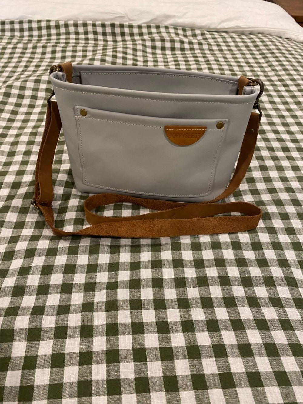 Leather Light Gray Crossbody Bag with Tan Leather Accents - Picture 6 of 8